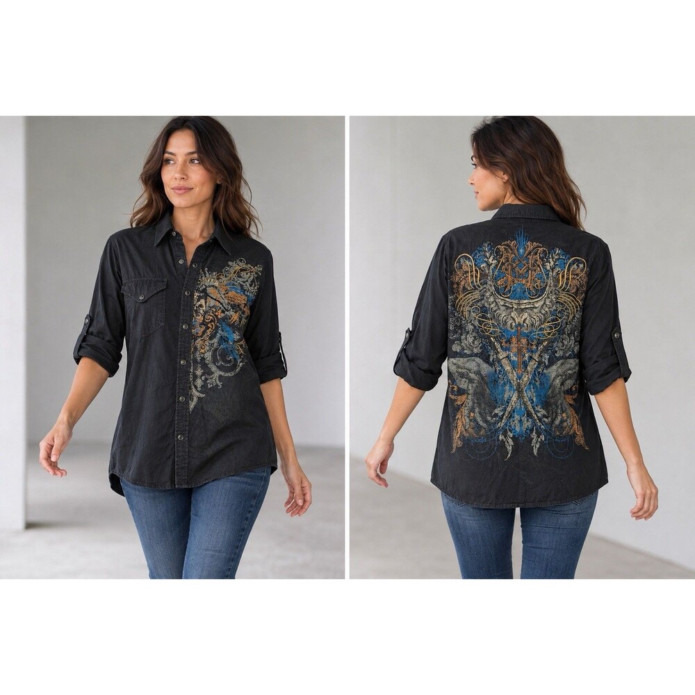 Manchester Ltd Womens S Black Warrior Graphic Snap Shirt Roll Tab Sleeves